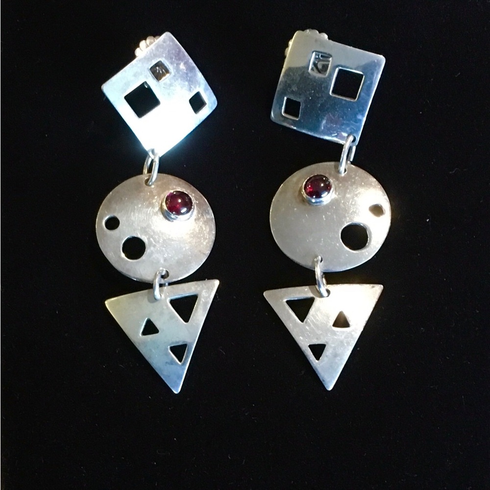 Vintage 90’s Artisan Crafted/Signed Sterling Silver Geo Drop Earrings - M. Ellis